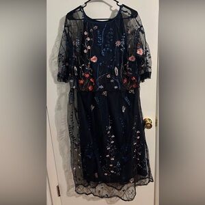 Floral Embroidered Sheer Midnight Blue Dress
